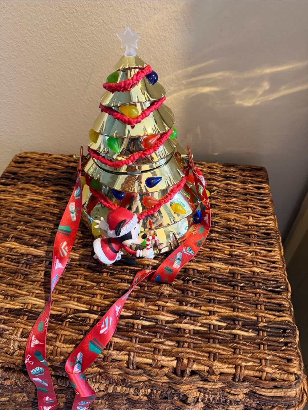 Disney Mickey Gold Holiday Tree Popcorn Bucket  Red Ribbon working lights